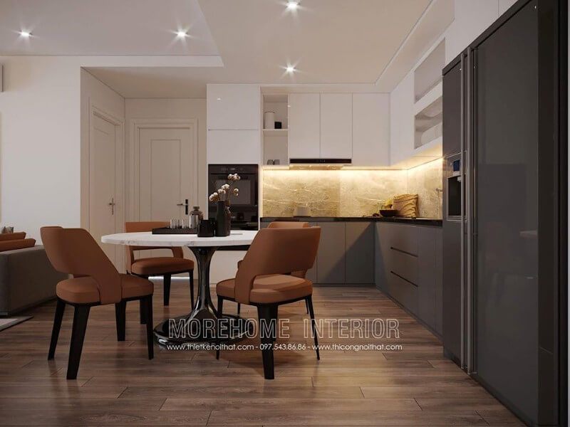 Tủ bếp dành cho căn hộ chung cư có phong cách hiện đại được thiết kế.