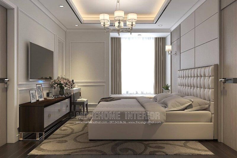 Phòng ngủ của căn hộ chung cư được trang bị nội thất hiện đại và tiện dụng, tạo nên một cảnh ấn tượng.