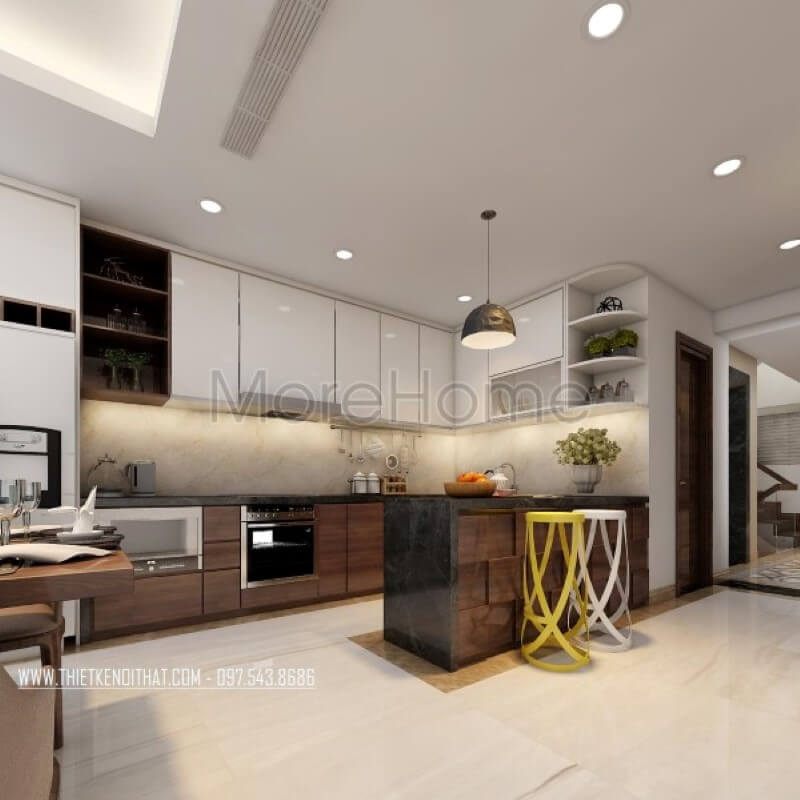 Mẫu tủ bếp công nghiệp gỗ với sự kết hợp độc đáo của tông màu nâu trắng mang đến cho gia đình một không gian ấm cúng.