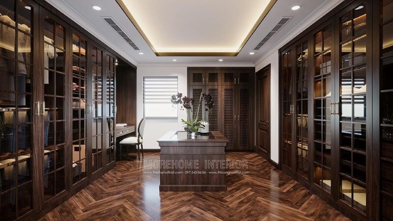 Tủ quần áo gỗ tự nhiên của phong cách hiện đại được bố trí công năng đa dạng, giúp đáp ứng nhu cầu sử dụng cao của khách hàng.